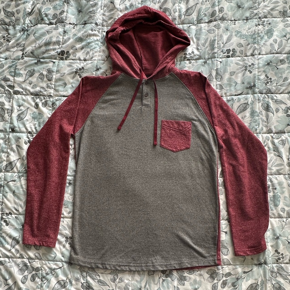 Fission Men's Lightweight Hoodie Sweatshirt - 1/4 Button - Gray and Red - Medium